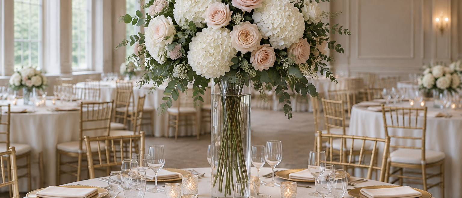 Tall artificial flower centerpiece with hydrangeas and roses on a round wedding reception table