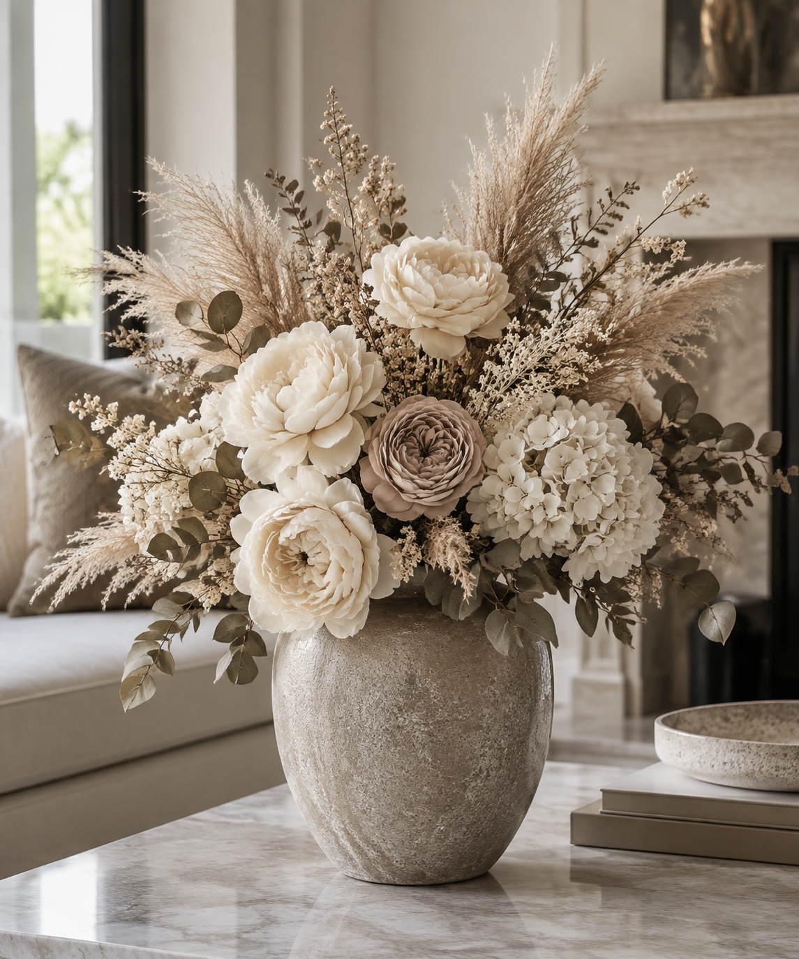 Cream and taupe artificial flowers with pampas in a stone vase