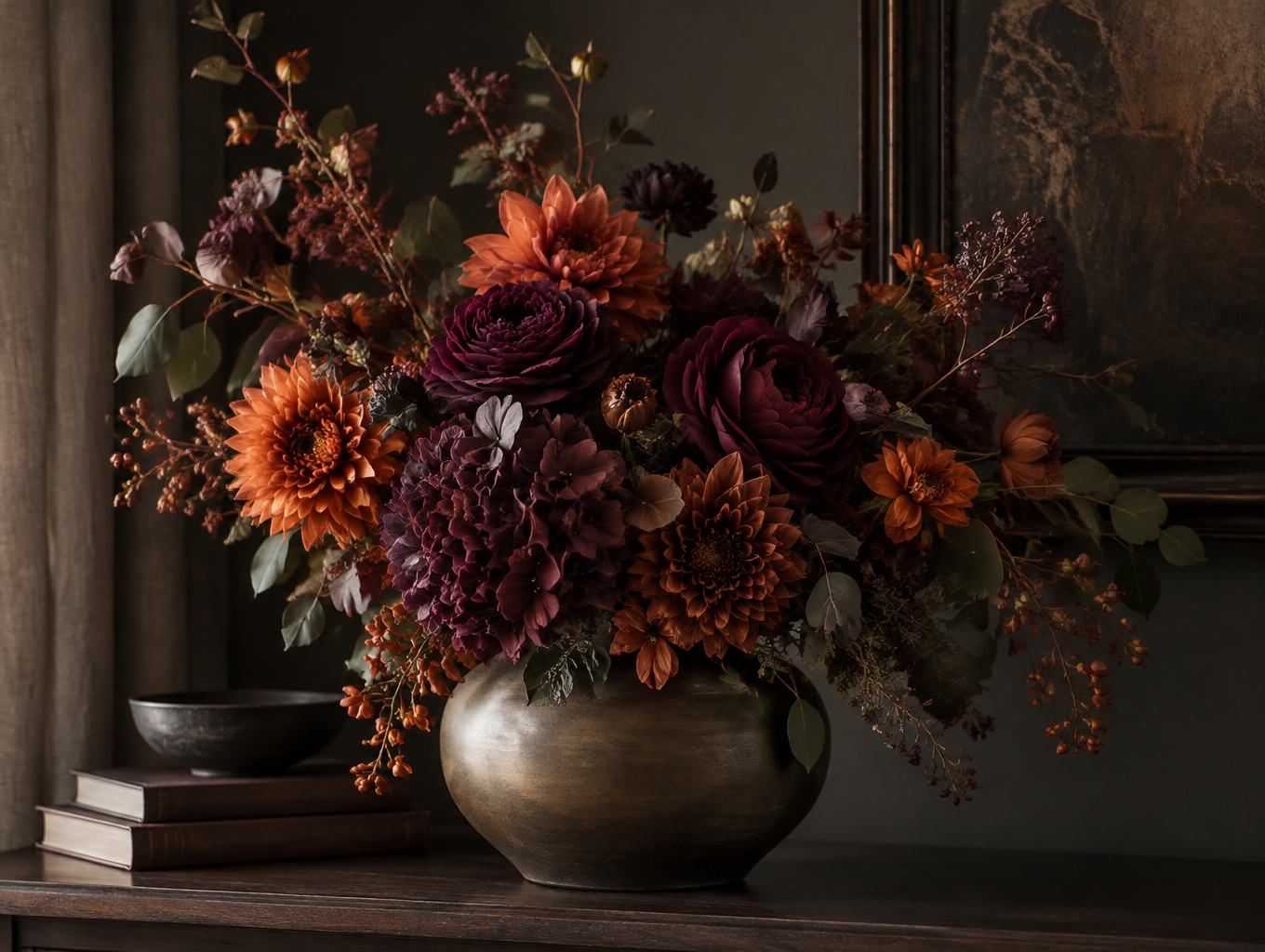 Burgundy, plum and burnt orange artificial flowers in moody styling