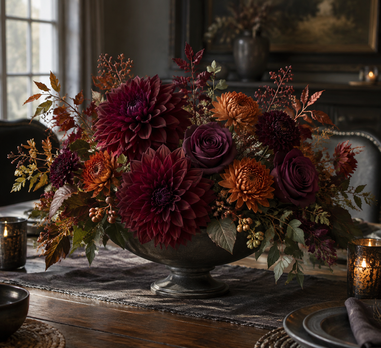 Burgundy, plum and burnt orange artificial flowers in moody styling