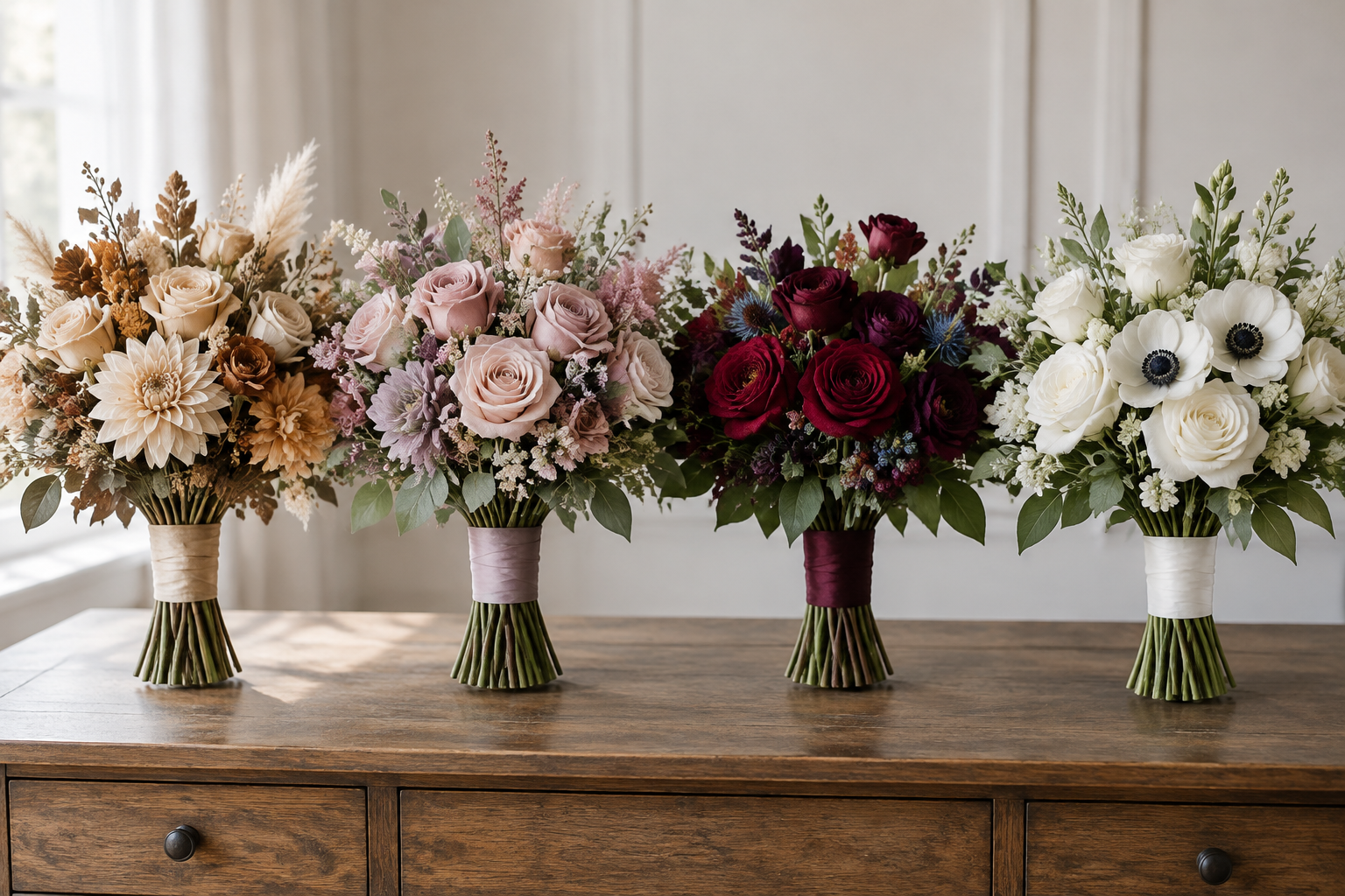 Four artificial bouquets in different wedding color palettes