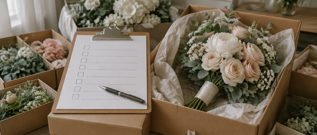 Wedding flower checklist on a clipboard with labeled boxes of artificial bouquets and boutonnieres