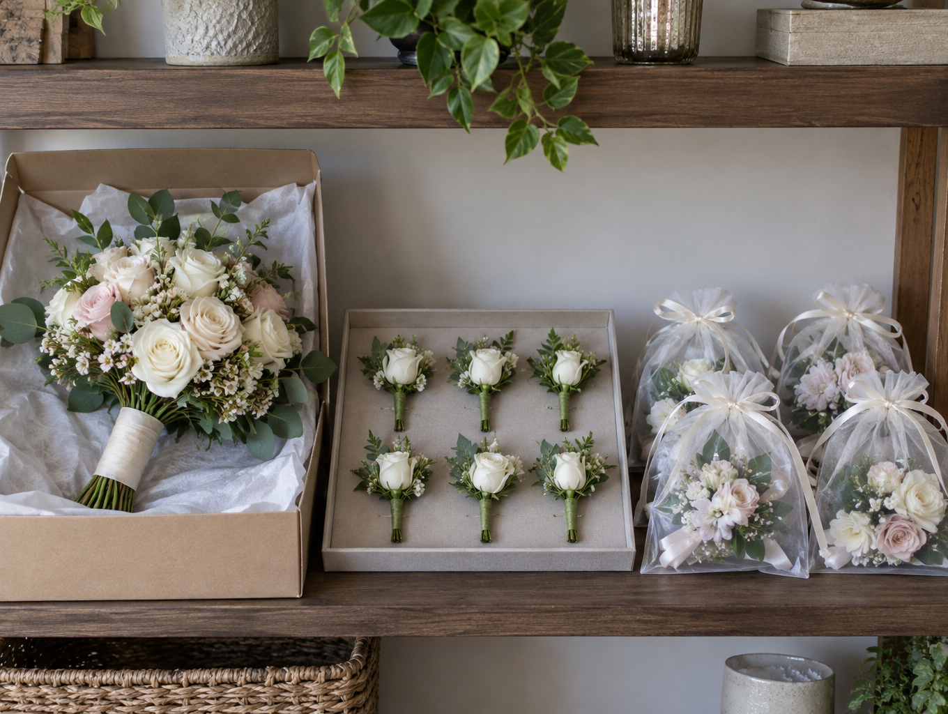 Rows of labeled boxes with bridal bouquets, corsages and boutonnieres staged by wedding role