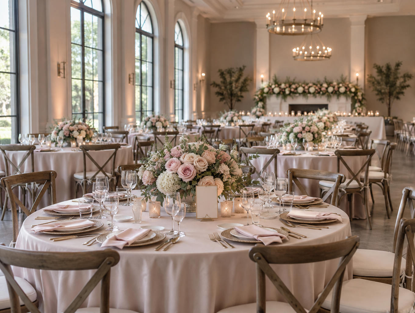 Wedding reception tables each with matching centerpieces being counted and checked off