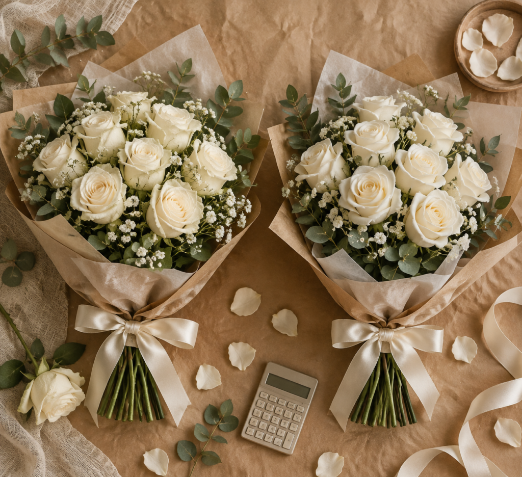 Fresh versus artificial silk wedding rose bouquets compared on a table