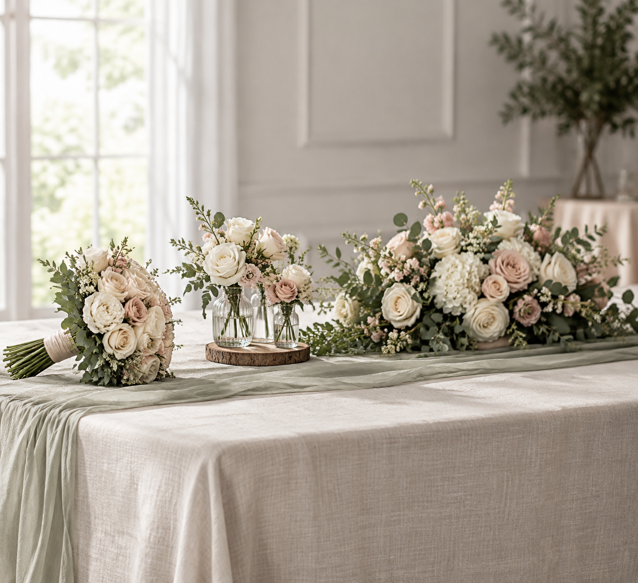Three scales of artificial wedding flower setups compared