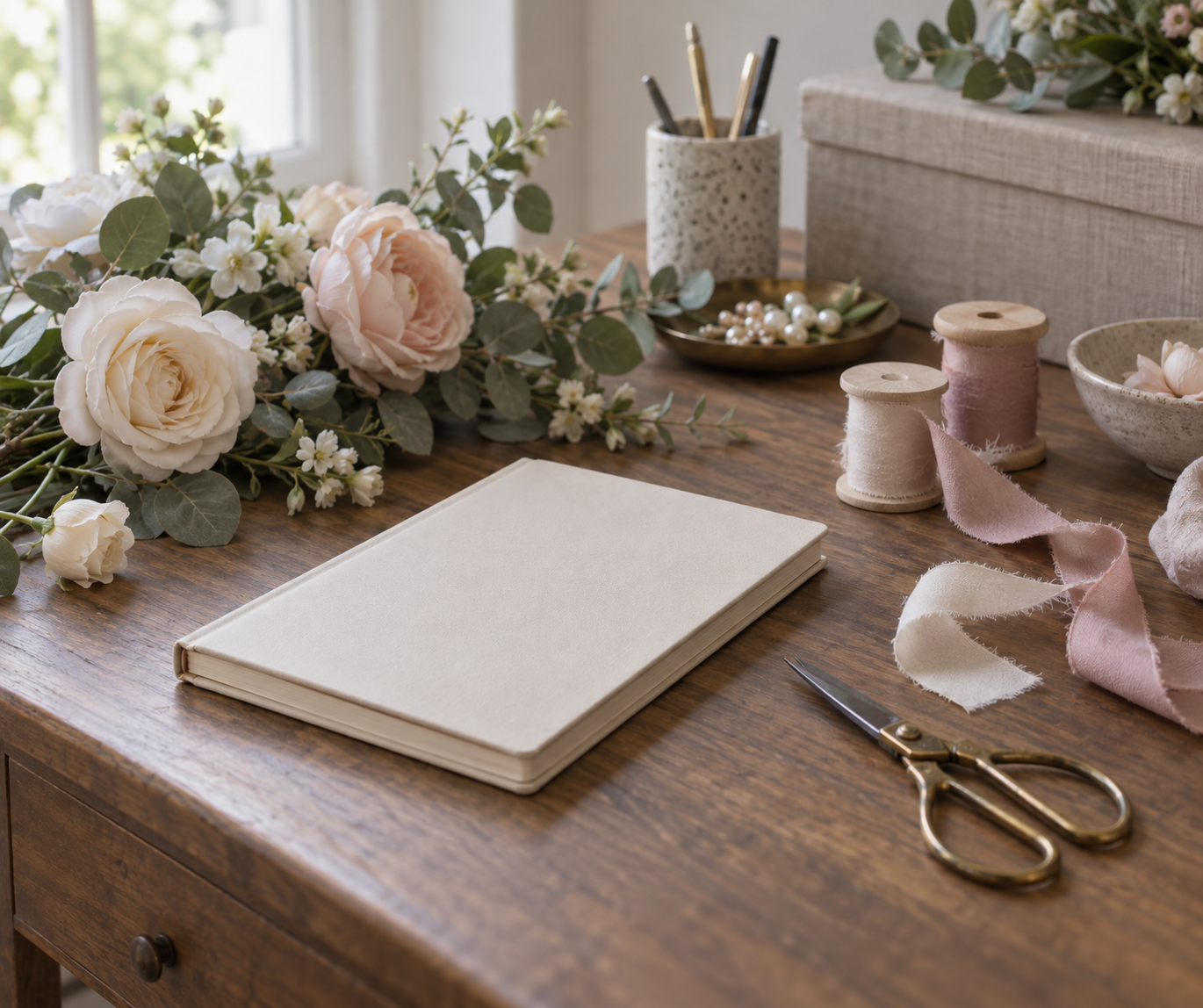 Wedding planning flat lay with artificial stems, ribbon and scissors