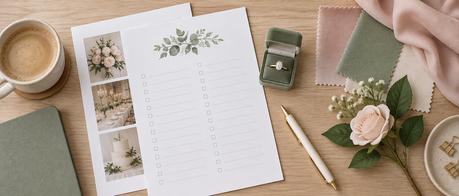 Wedding planning checklist with calendar, fabric swatches and flower samples on a desk