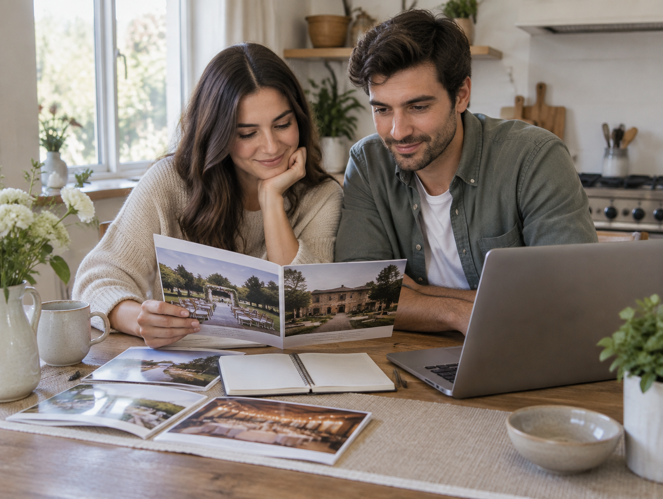 Engaged couple reviewing venue brochures at a kitchen table with coffee