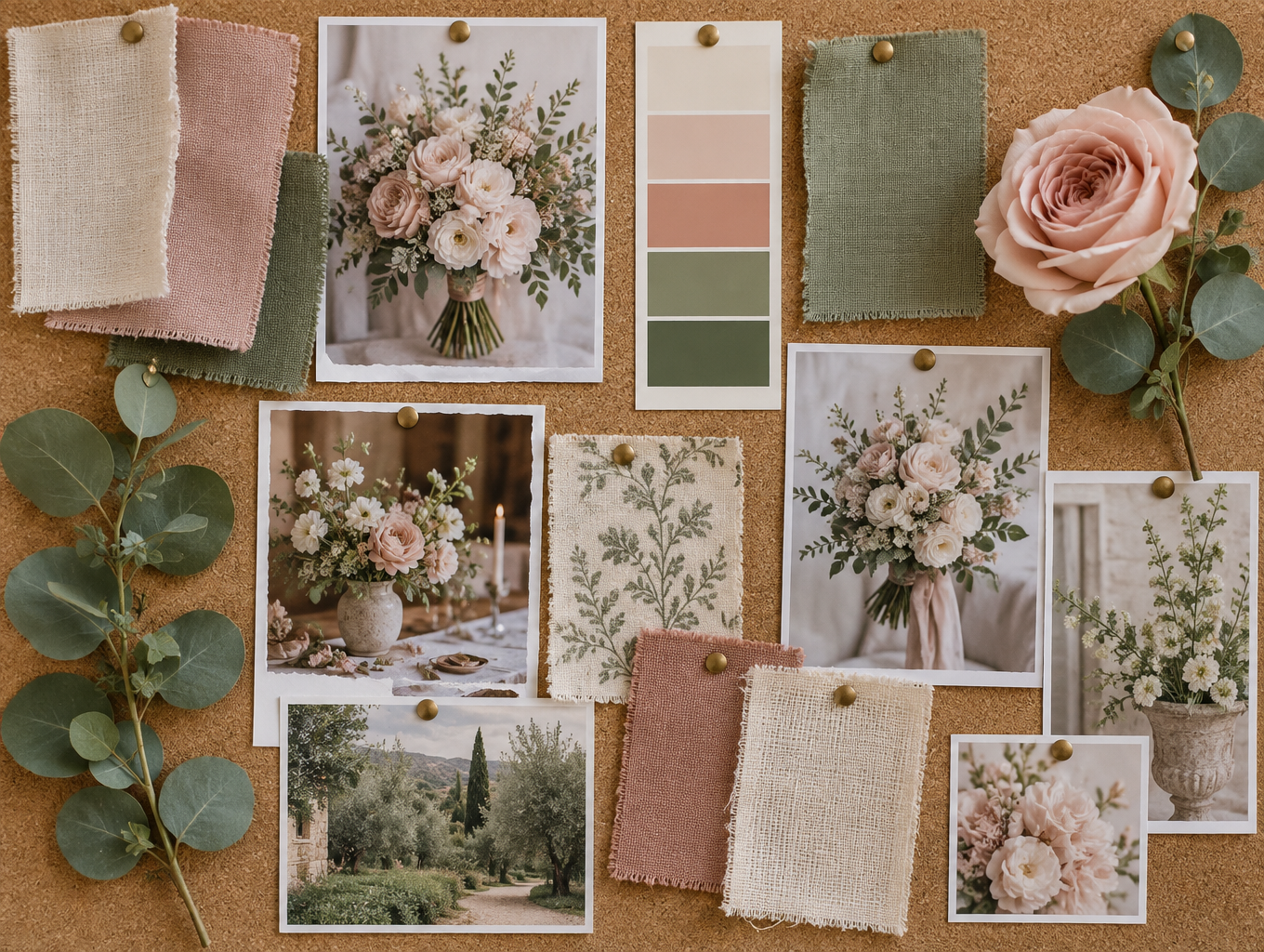 Mood board with fabric swatches, color chips and artificial flower samples