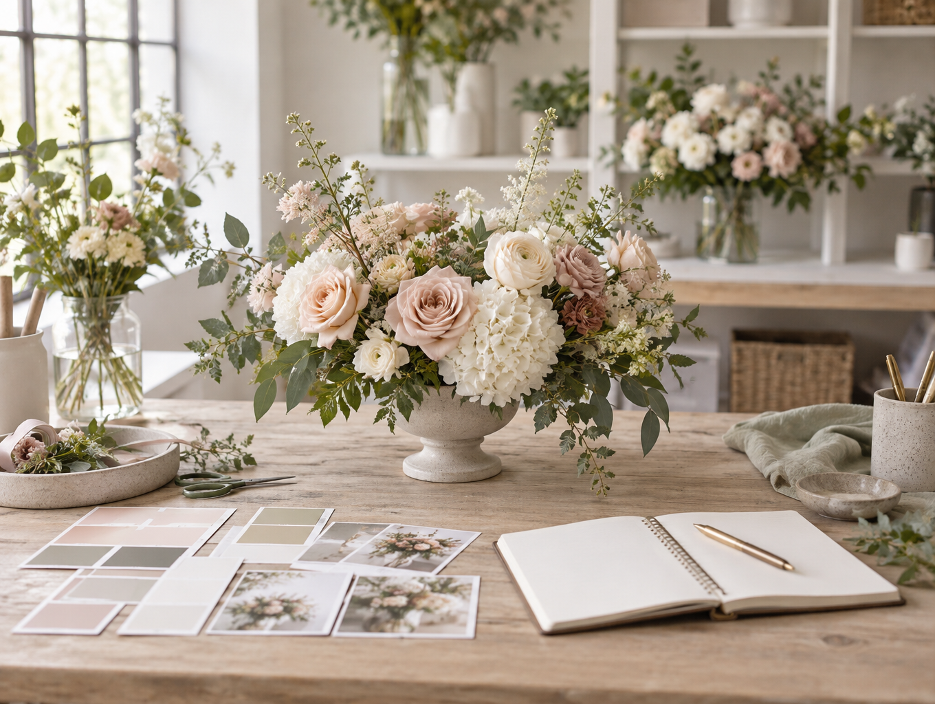 Florist consultation table with sample arrangements and a notebook