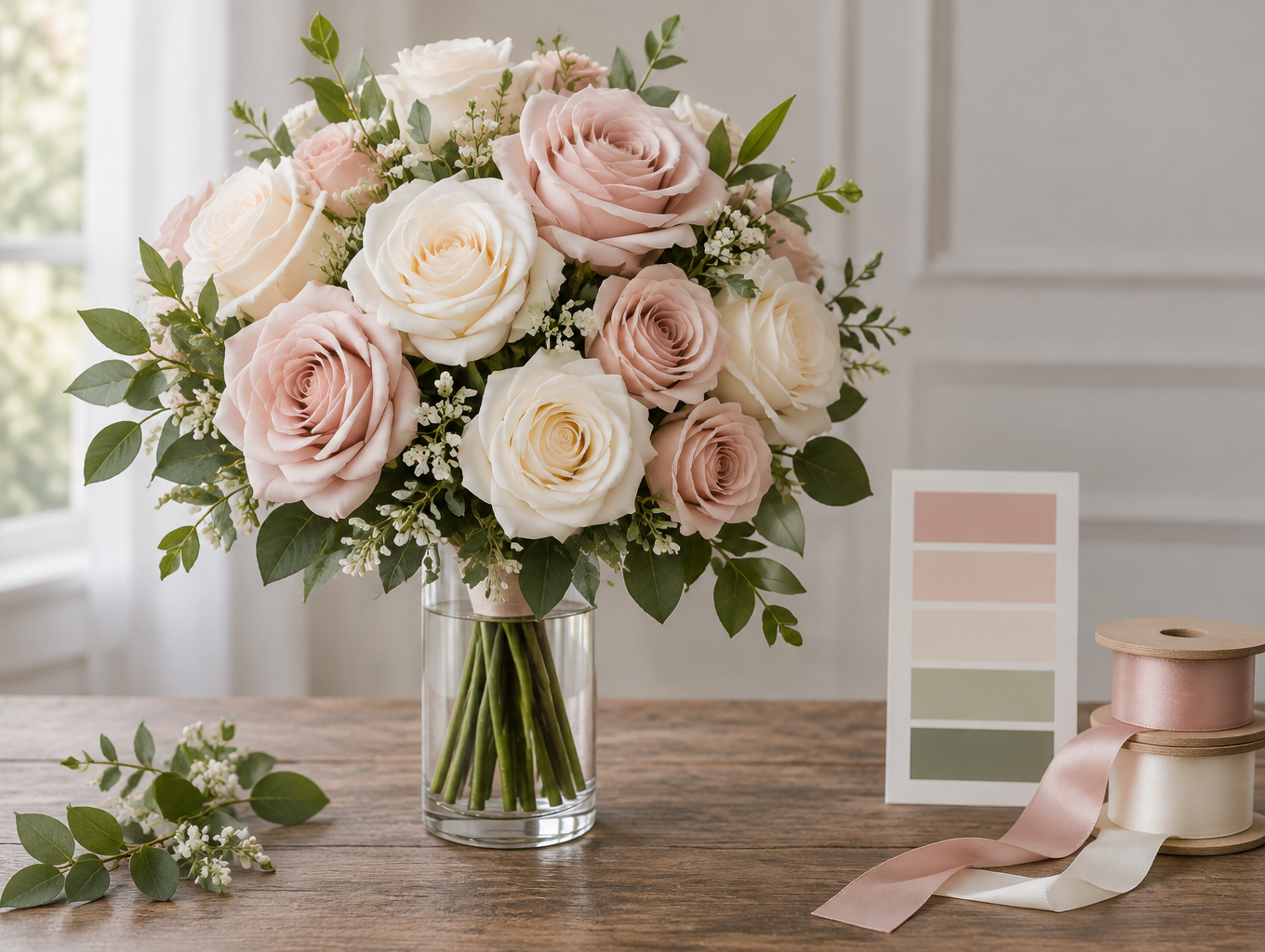 Hands holding a bridal bouquet sample next to a color swatch card