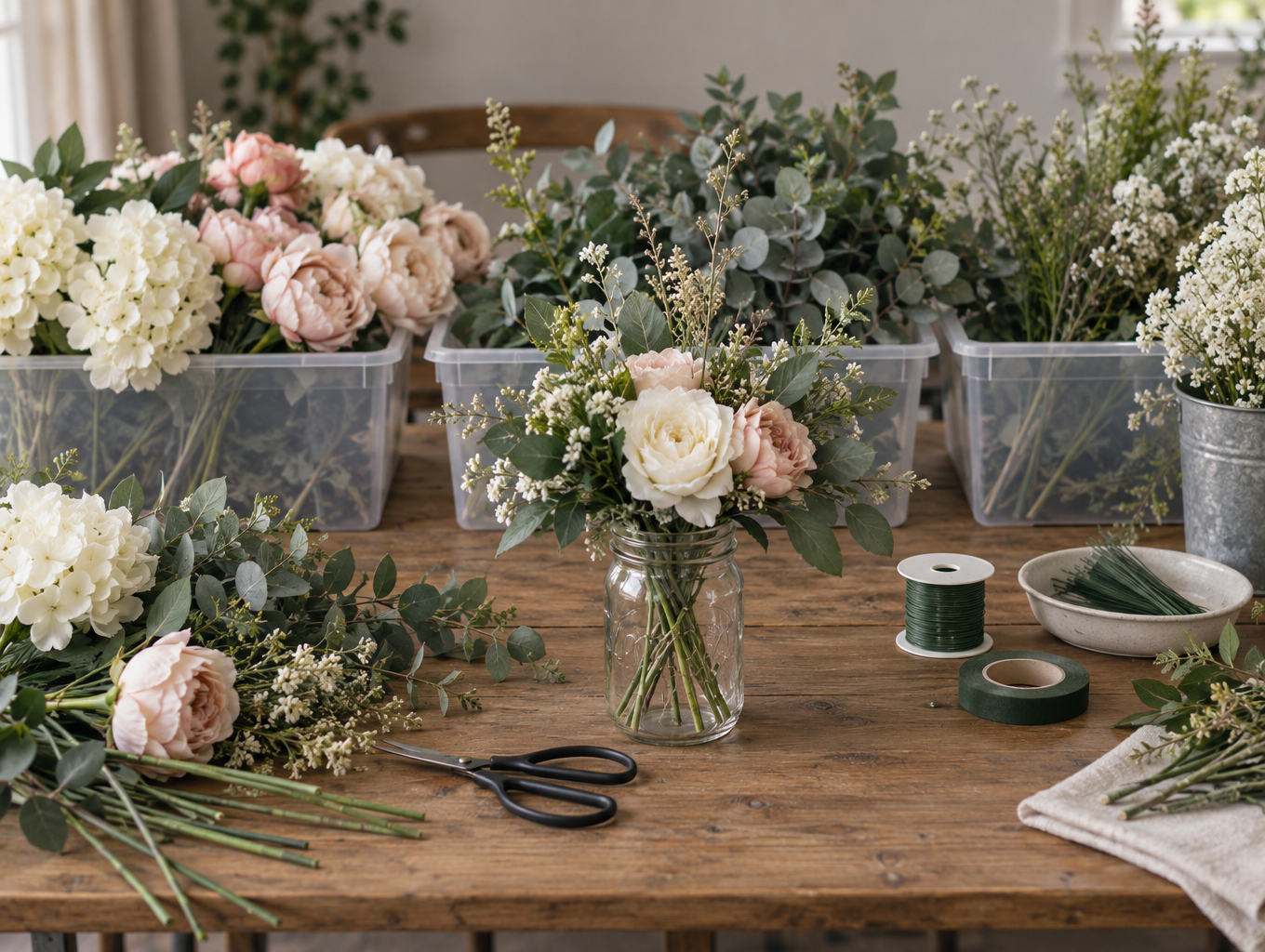 Craft table with DIY wedding flower supplies and half-built centerpiece