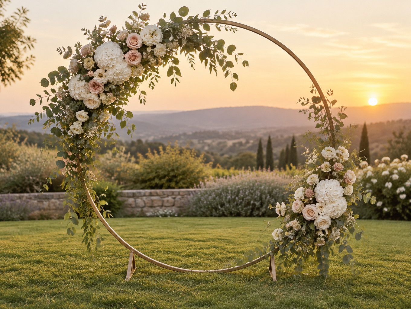 Wedding arch decorated with artificial flowers at a ceremony setup