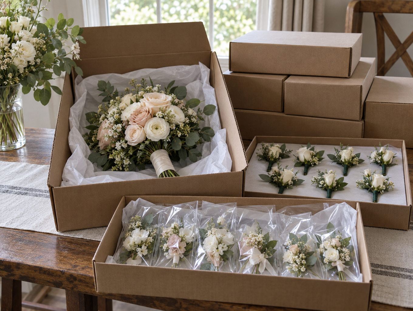 Wedding morning staging area with boxed bouquets and boutonnieres ready