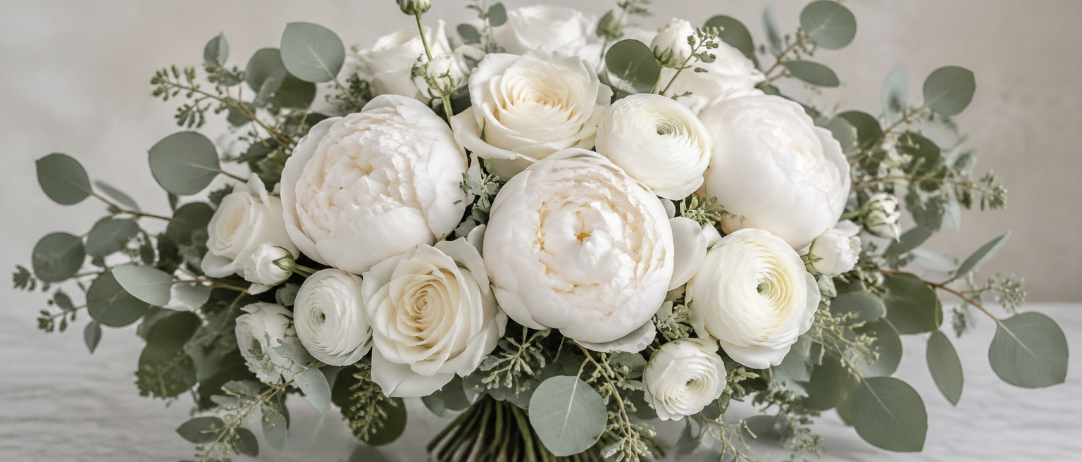 All-white wedding bouquet of peonies, roses and ranunculus with eucalyptus