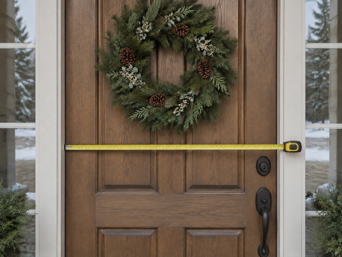 A tape measure checking a door width in front of a proportional evergreen wreath