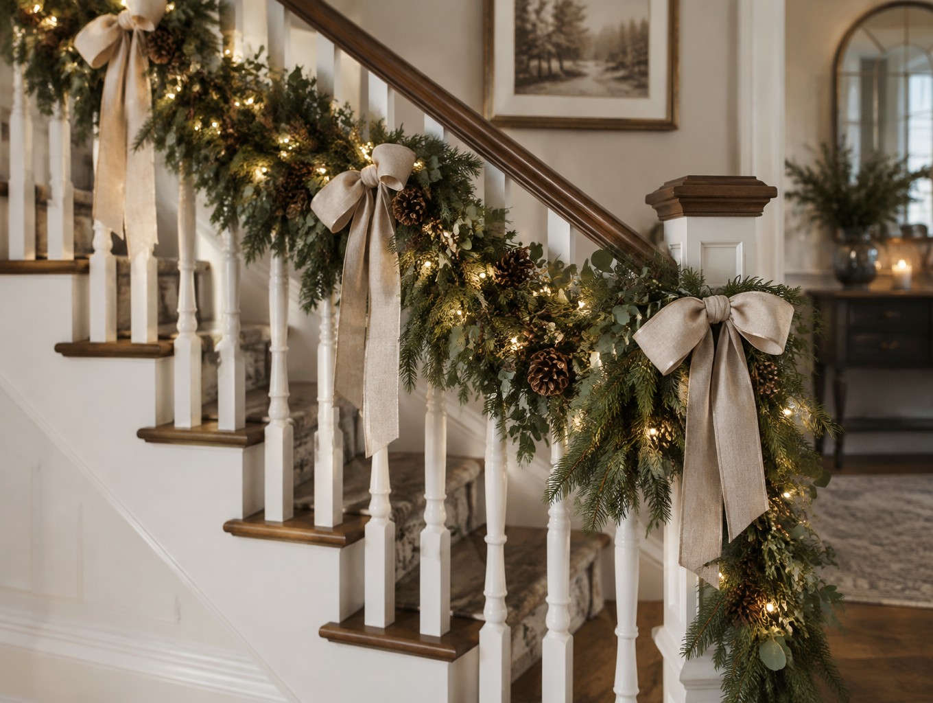 A garland draped over a stair banister with lights and ribbon accents