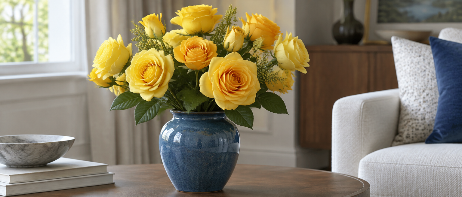Artificial yellow silk roses from lemon to amber in a blue vase