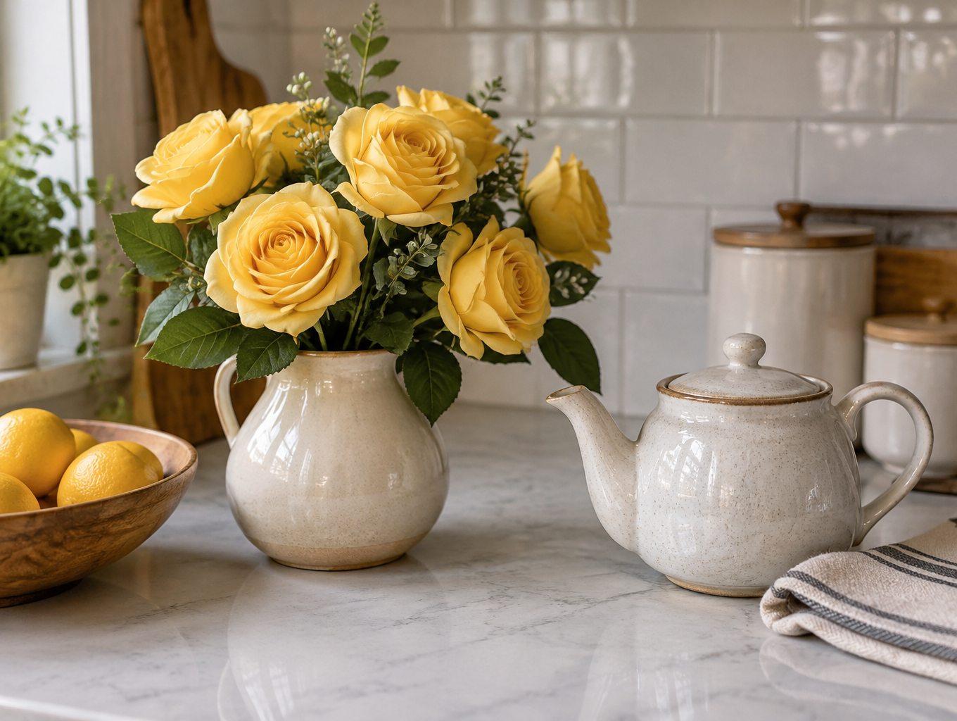 Artificial yellow roses on a kitchen counter beside a teapot
