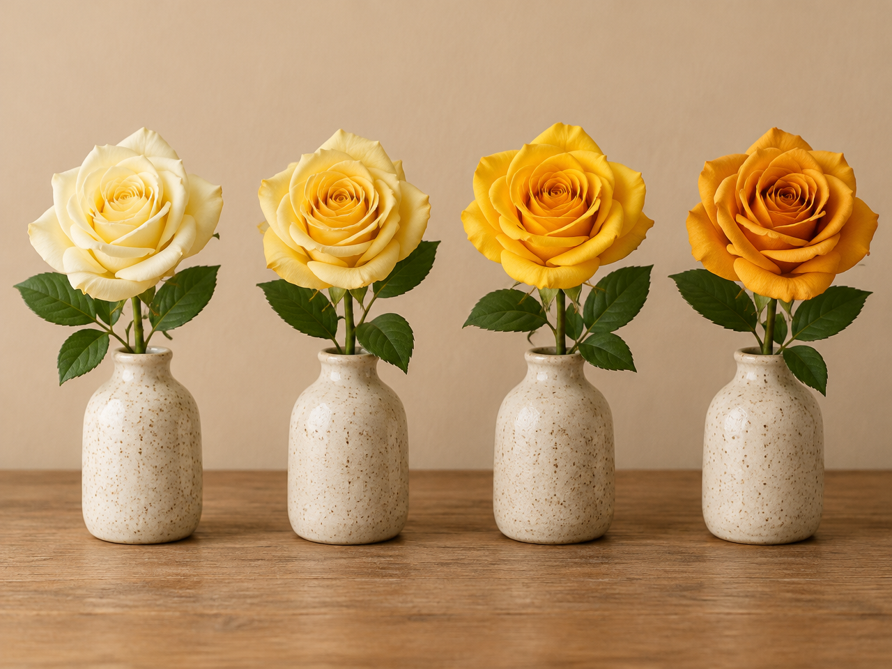 Yellow roses in four shades from pale lemon to deep amber arranged in a gradient