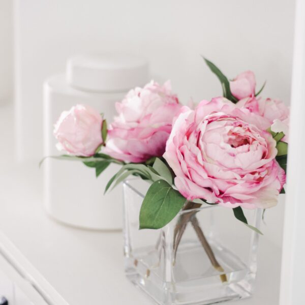 Small Pink Faux Peony Arrangement in Glass Vase - 9 inch