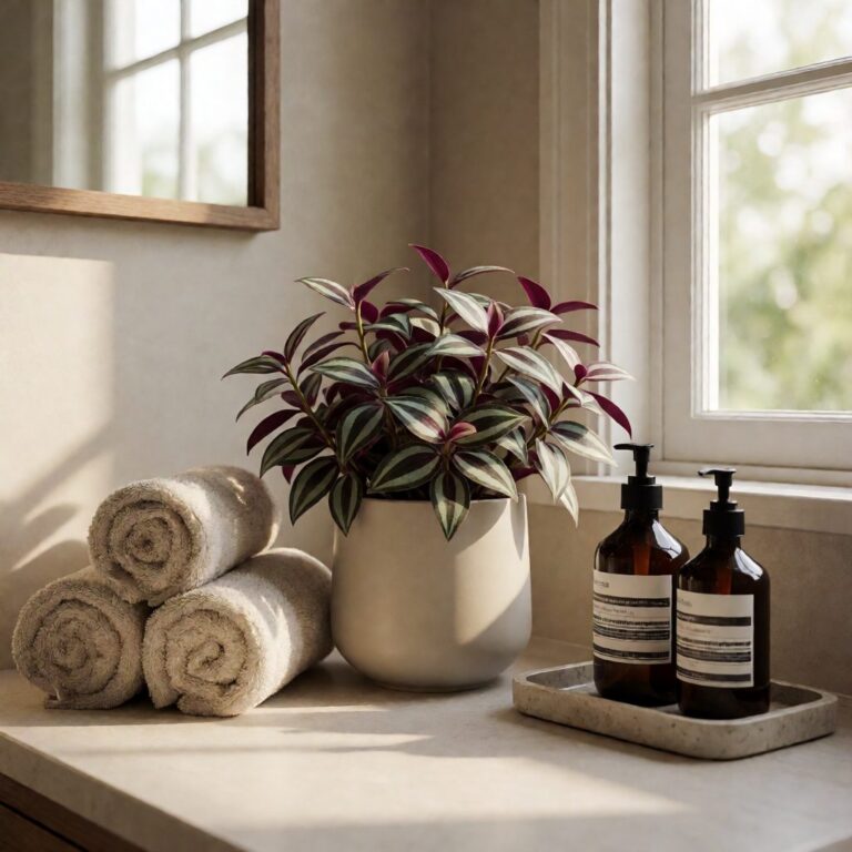 14" Artificial Wandering Jew Plant in Planter - styled on a bathroom counter, styled lifestyle scene