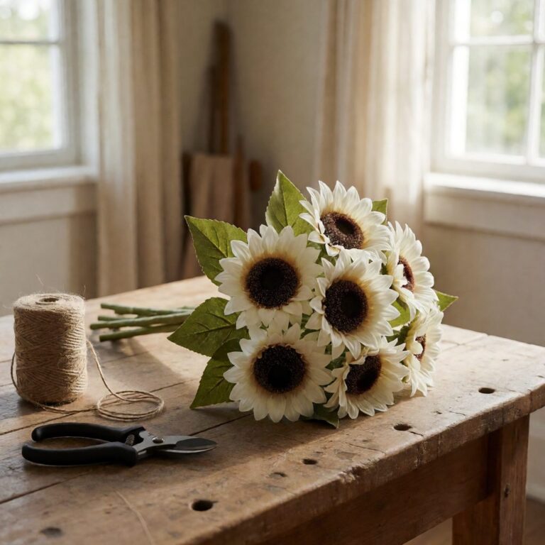 17" Faux Sunflower Bouquet - White - styled on a craft worktable, styled lifestyle scene