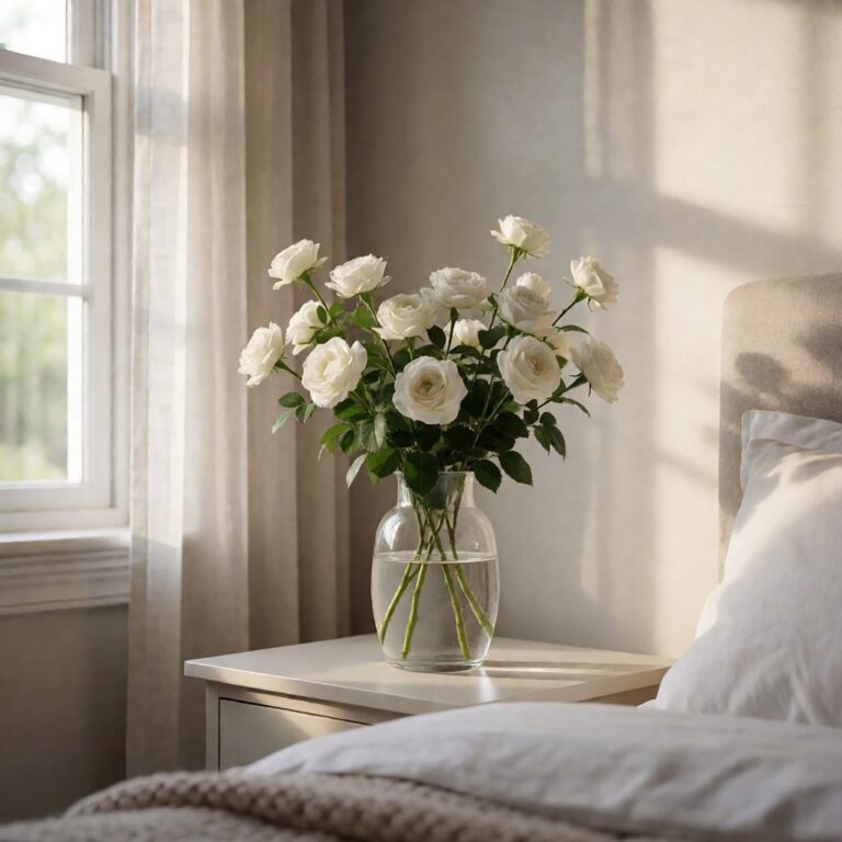 17" Real Touch Rose Bush - White - arranged in a vase on a bedside table, styled lifestyle scene