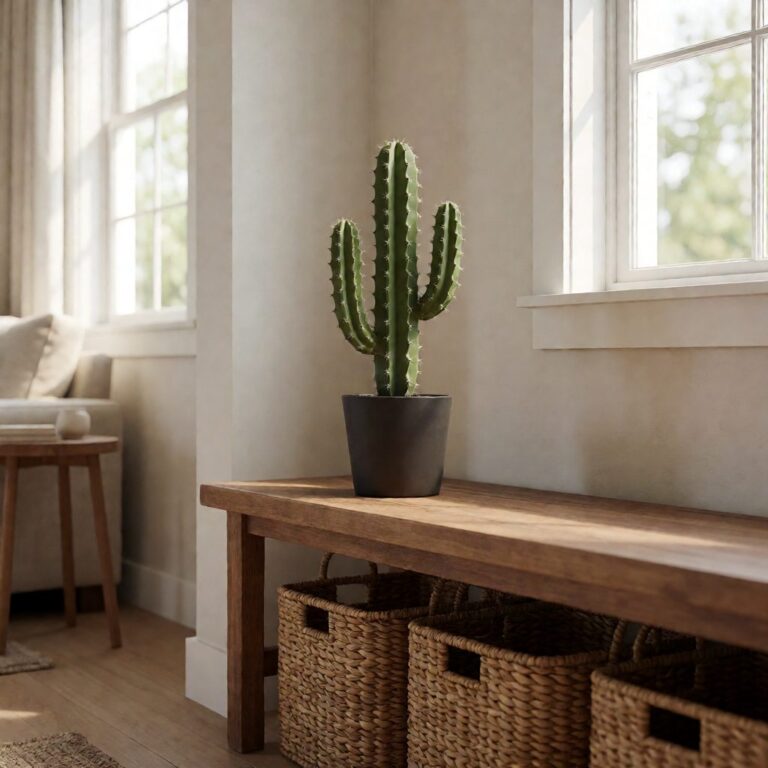 2.5ft Artificial Cactus Plant - styled by an entryway bench, styled lifestyle scene