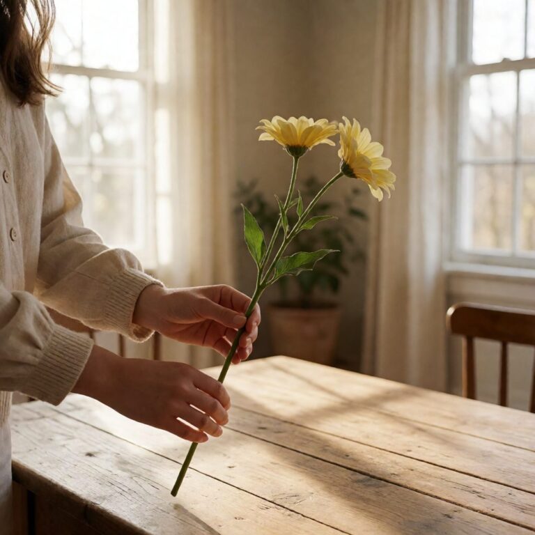 20.5" Real Touch Rose Stem - Yellow - held in hands ready to arrange, styled lifestyle scene