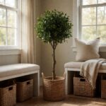 21" Artificial Boxwood Tree - styled by an entryway bench, styled lifestyle scene