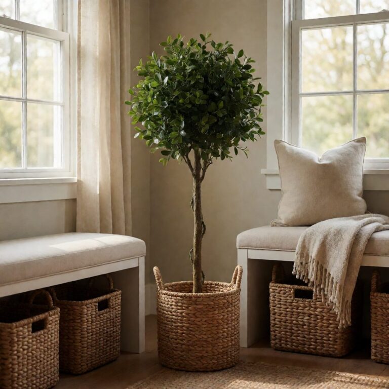 21" Artificial Boxwood Tree - styled by an entryway bench, styled lifestyle scene
