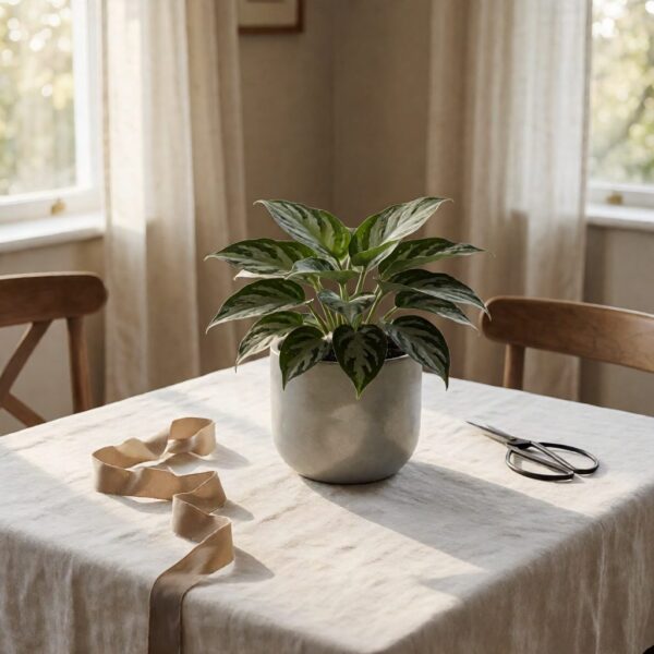 21" Real Touch Plant - Silver - styled as a flat lay on linen, styled lifestyle scene