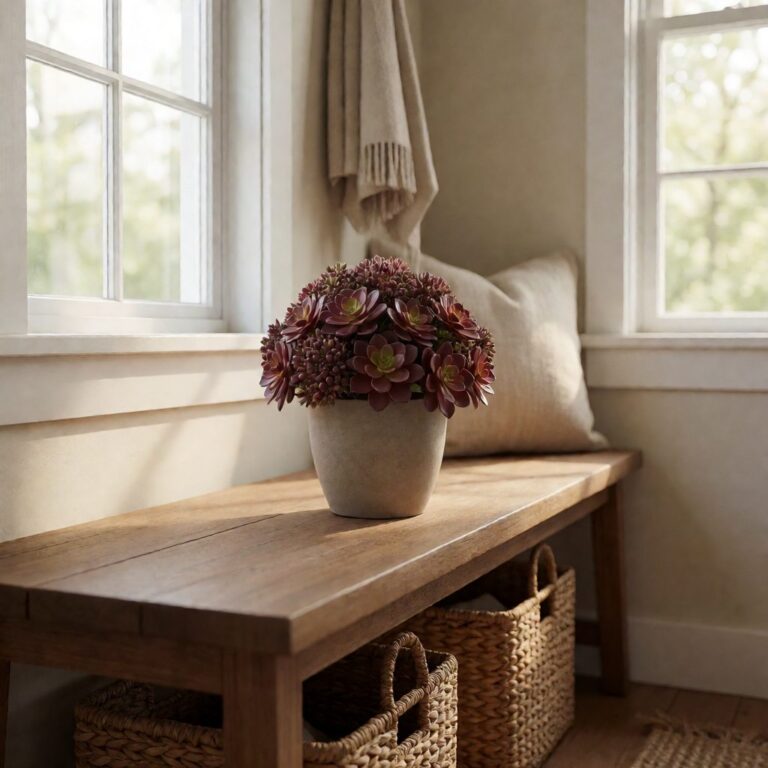 22" Artificial Succulent & Sedum Plant - Burgundy - styled by an entryway bench, styled lifestyle scene