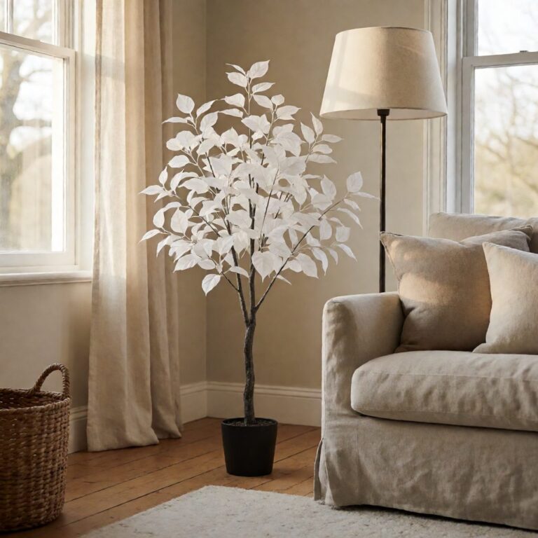 24" Artificial Plant - White - styled in a bright living room corner, styled lifestyle scene