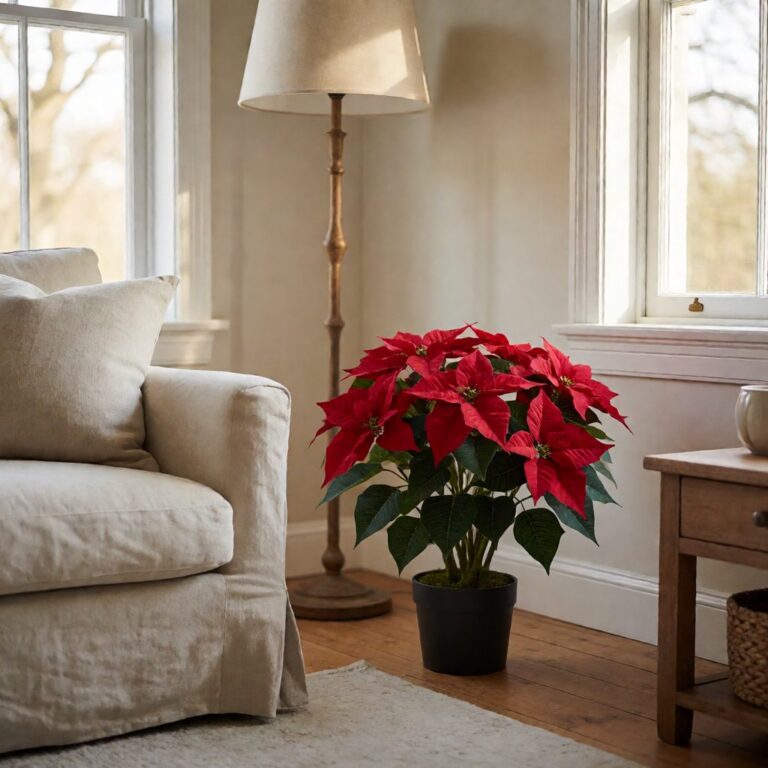 24" Artificial Poinsettia Plant - Set of 2 - styled in a bright living room corner, styled lifestyle scene