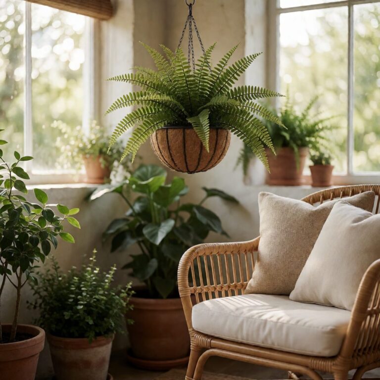 26" Artificial Boston Fern Hanging Basket - styled on a covered patio, styled lifestyle scene