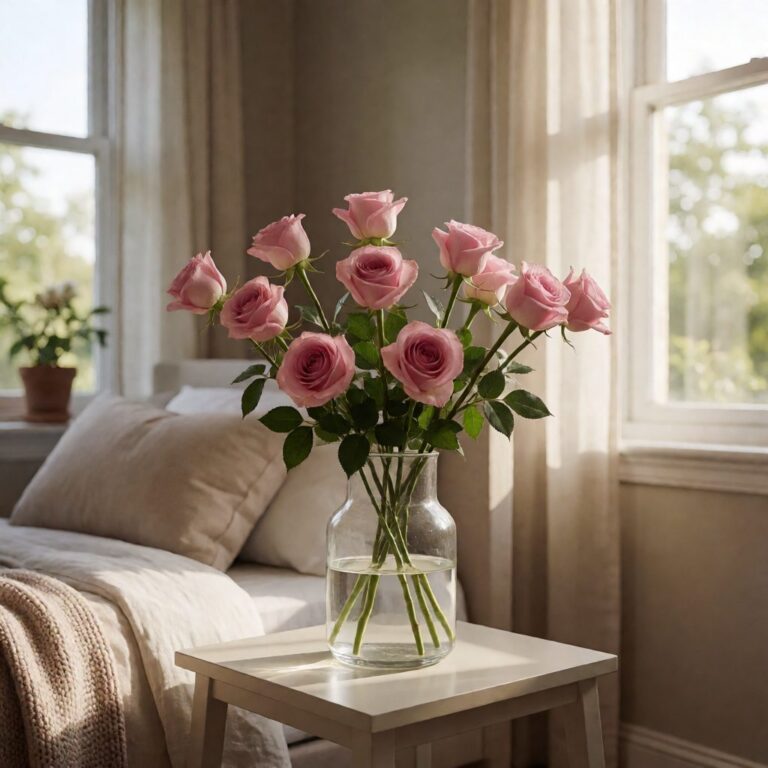 27" Real Touch Rose Stem - Pink - arranged in a vase on a bedside table, styled lifestyle scene