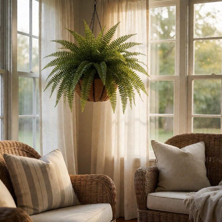 29" Artificial Boston Fern Hanging Basket - styled in a sunroom, styled lifestyle scene