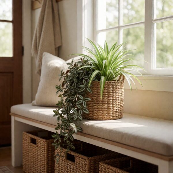 30" Artificial Wandering Jew & Spider Plant in Basket - styled by an entryway bench, styled lifestyle scene