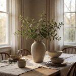 33" Artificial Plant in Tower Vase - White - styled as a dining table centerpiece, styled lifestyle scene