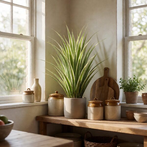 33ft Artificial Spider Plant in Planter - styled on a kitchen shelf, styled lifestyle scene