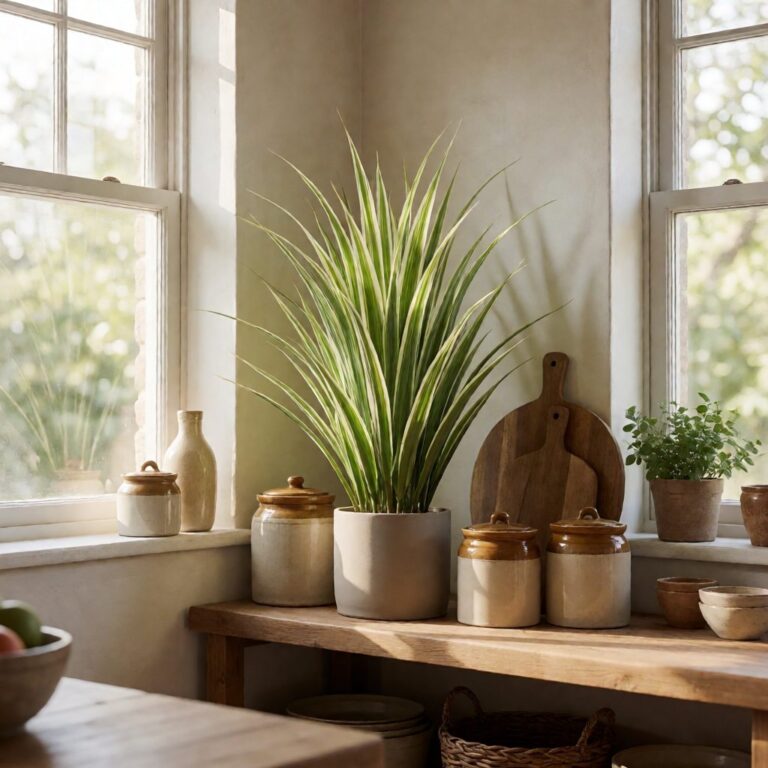 33ft Artificial Spider Plant in Planter - styled on a kitchen shelf, styled lifestyle scene