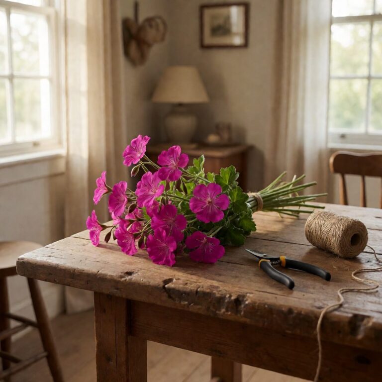 36" Real Touch Geranium Spray - Fuchsia - styled on a craft worktable, styled lifestyle scene