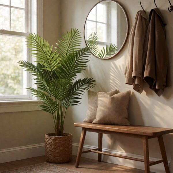 3ft Artificial Palm Plant - styled in an entryway foyer with a wooden bench, styled lifestyle scene