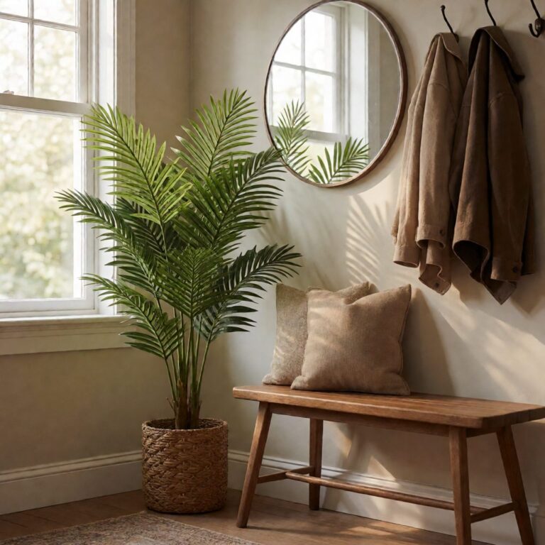 3ft Artificial Palm Plant - styled in an entryway foyer with a wooden bench, styled lifestyle scene
