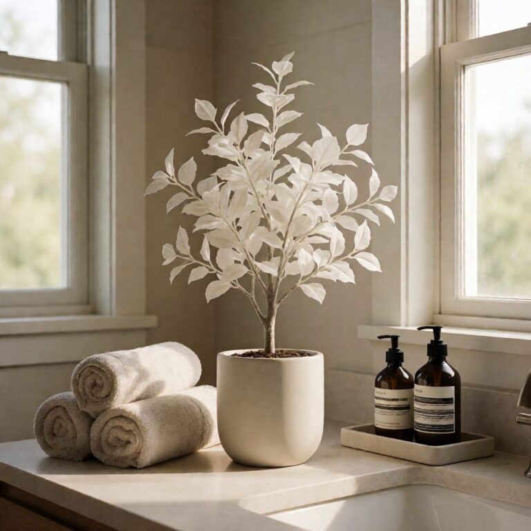 3ft Artificial Plant in Planter - White - styled on a bathroom counter, styled lifestyle scene