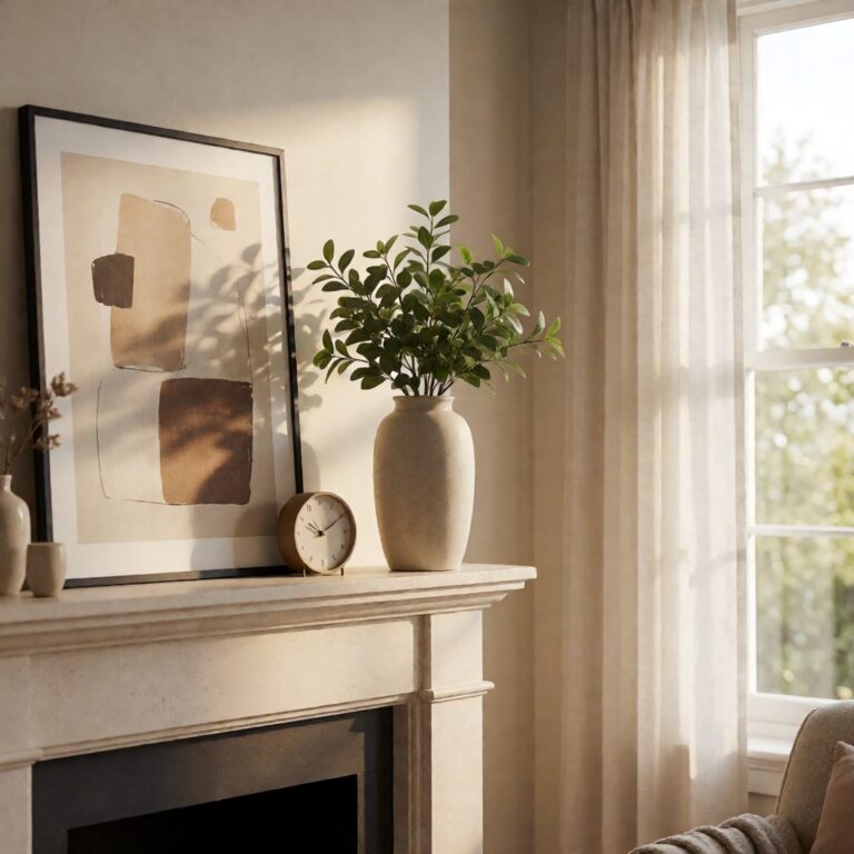 4.5ft Artificial Plant in Tower Vase - styled on a fireplace mantel, styled lifestyle scene