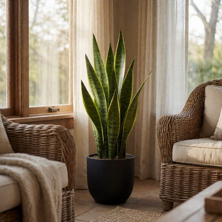 4.5ft Artificial Sansevieria Plant in Planter - Black - styled in a sunroom, styled lifestyle scene